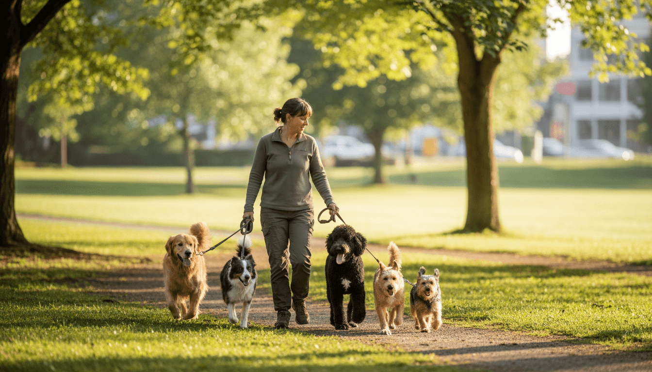 Handler walking a small group of dogs through a sunlit East Vancouver park, all moving at a relaxed pace