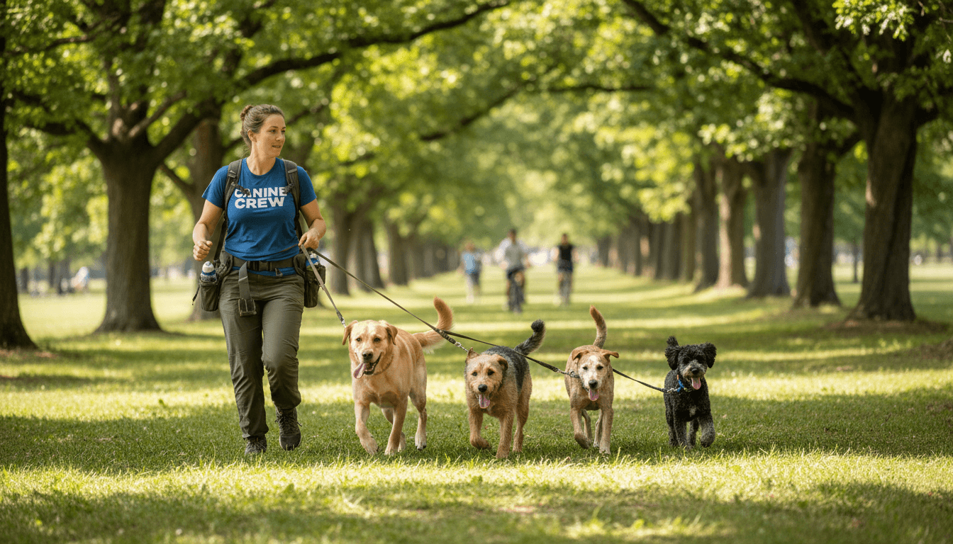 Experienced dog handler leading a small group of dogs on a tree-lined neighborhood trail in Vancouver