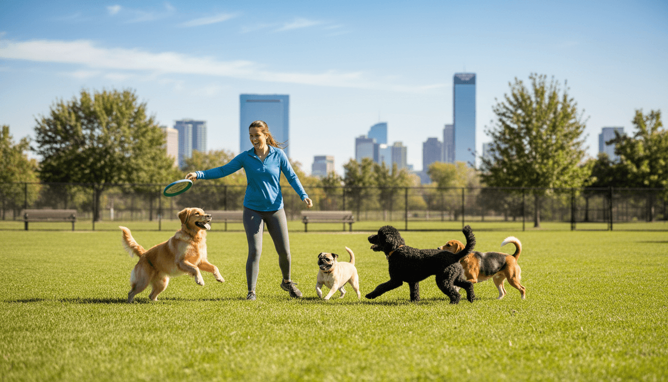 Dogs playing together in a park with a handler supervising them during a group walk