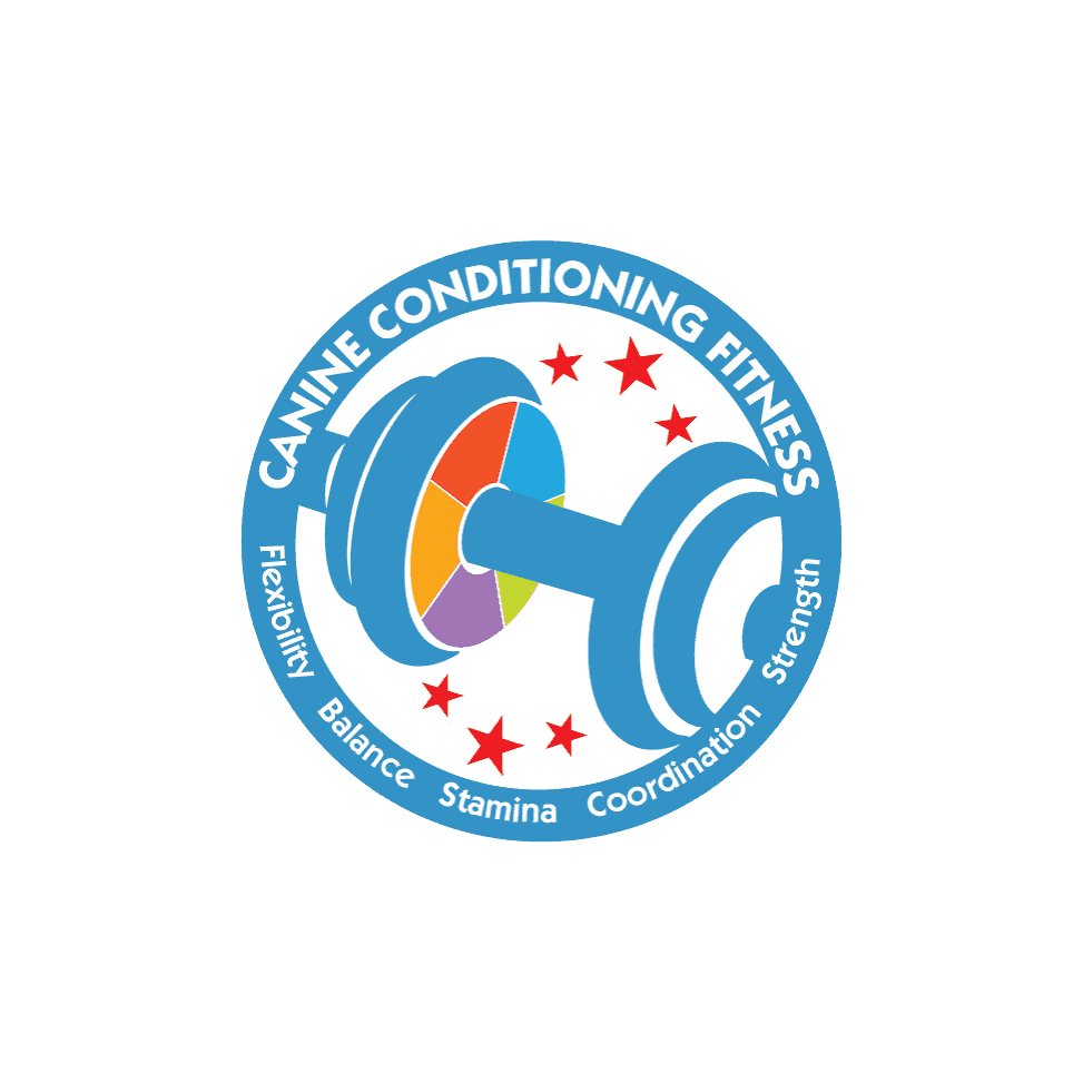 Canine Conditioning Fitness logo with a blue dumbbell, colorful segments, red stars, and fitness categories.